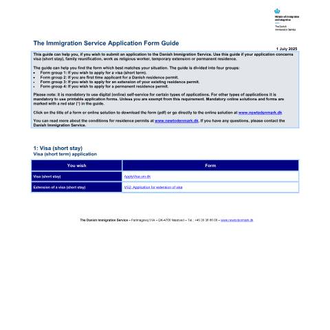 Document preview: Form guide (pdf) — Immigration Service / Application forms – The Danish Immigration Service, Danmark