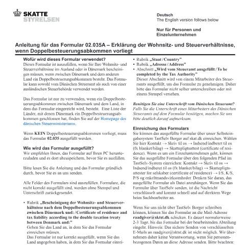 Document preview: Erklärung der Wohnorts- und Steuerverhältnisse, wenn Doppeltbesteuerungsabkommen vorliegt / Residence and tax liability if a double taxation treaty exists — Vejledning/Instruction — 02 Tax: certificates, Danmark (CERFA n°02.035)
