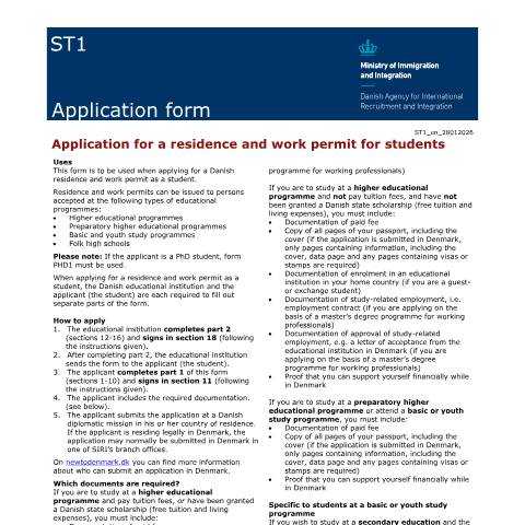 Document preview: ST1 — Application for a residence and work permit for students — SIRI / Application forms - SIRI, Danmark (CERFA n°ST1)