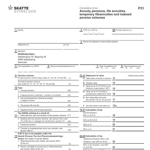 Document preview: Calculation of tax - P31 - 07.050 EN — 07 Tax: gift tax and pension, Danmark (CERFA n°07.050)