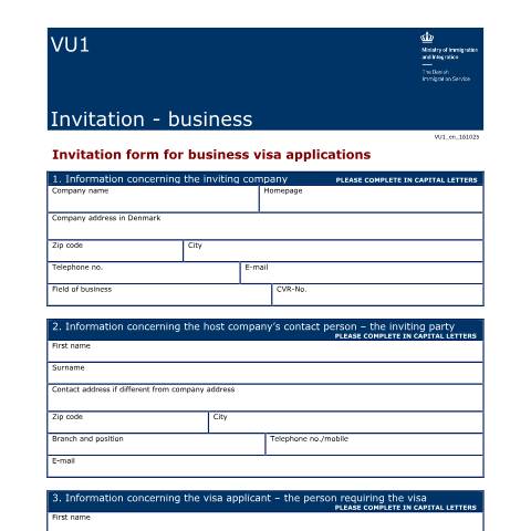 Document preview: VU1 — Invitation for business visa — Immigration Service / Application forms – The Danish Immigration Service, Danmark (CERFA n°VU1)
