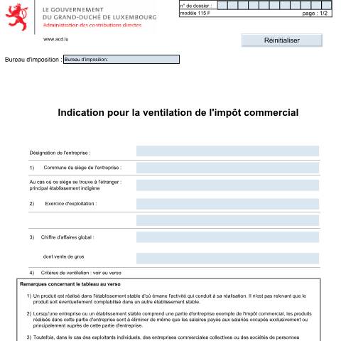Aperçu du document Indication pour la ventilation de l’impôt commercial — Annexes et bonifications d'impôt, Luxembourg (CERFA n°115 F)