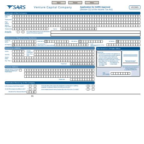 Document preview: VCC001 – Venture Capital Company Application Form – External Form — PDF Forms, South Africa (CERFA n°VCC001)