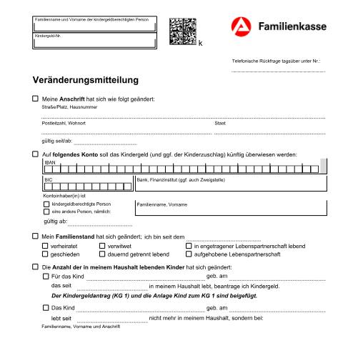 Dokumentvorschau: kg45_ba032780 — Öffnet in neuem Tab Veränderungsmitteilung für das Kindergeld (KG45) Formular zum Mitteilen von Veränderungen an die Familienkasse pdf | 1.39 MB | barrierefrei — Familienkasse/kg45, Deutschland (CERFA n°kg45_ba032780)
