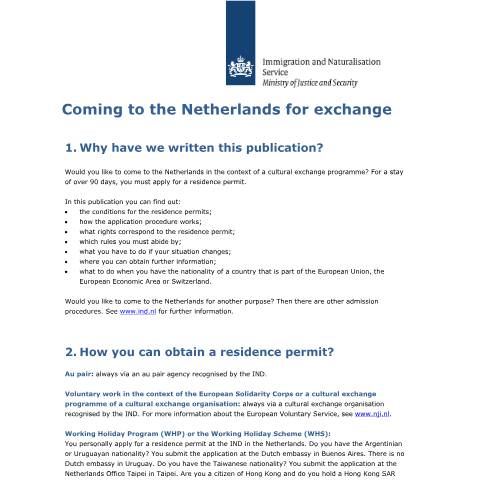 Documentvoorvertoning: Coming to the Netherlands for exchange — IND — immigratie, Nederland (CERFA n°3088)