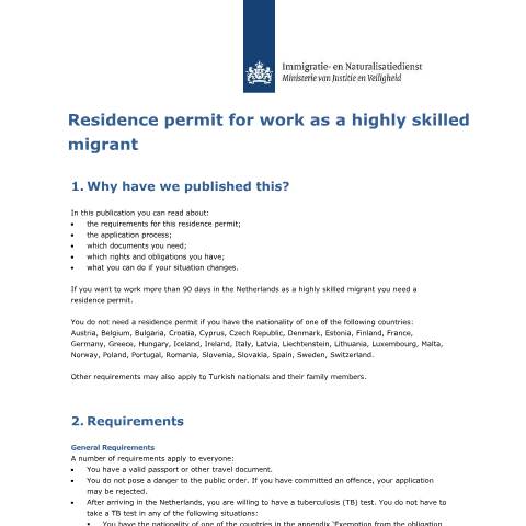 Documentvoorvertoning: Residence permit for work as a highly skilled migrant — IND — immigratie, Nederland (CERFA n°3072)