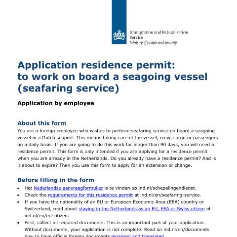 Documentvoorvertoning: Application residence permit: to work on board a seagoing vessel (seafaring service) — IND — immigratie, Nederland (CERFA n°B04010E)