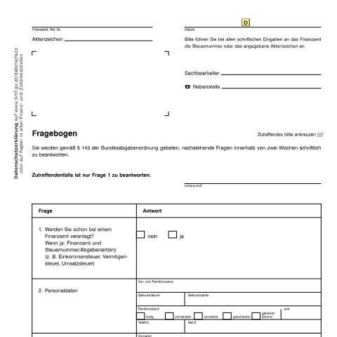 Dokumentvorschau: Verf14 — Fragebogen gemäß § 143 Bundesabgabenordnung (BAO) — Steuern, Österreich (CERFA n°Verf14)