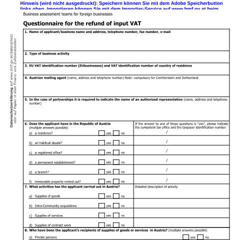 Dokumentvorschau: Verf18E — Questionnaire for the refund of input VAT — Steuern, Österreich (CERFA n°Verf18E)