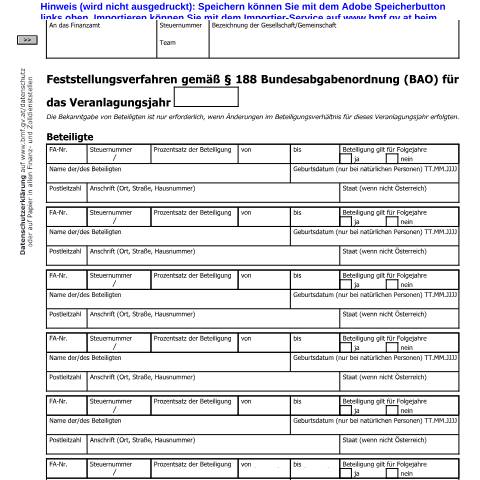 Dokumentvorschau: Verf60 — Feststellungsverfahren gemäß § 188 Bundesabgabenordnung für das Veranlagungsjahr — Steuern, Österreich (CERFA n°Verf60)