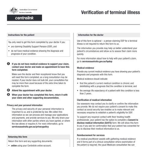 Document preview: Verification of Terminal Illness form (SA495) — Services Australia — Health professionals, Australia (CERFA n°SA495)