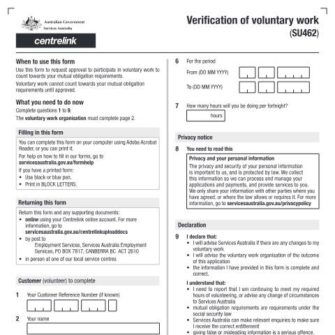 Document preview: Verification of voluntary work — Services Australia — Individuals (by code), Australia (CERFA n°SU462)