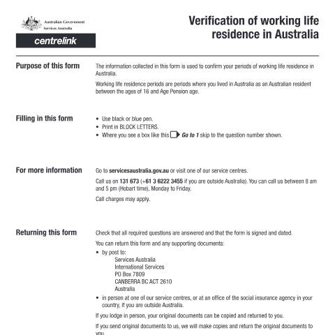 Document preview: Verification of working life residence in Australia — Services Australia — Individuals (by code), Australia (CERFA n°AUS027)