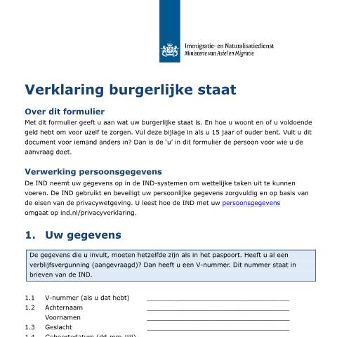 Documentvoorvertoning: Bijlage Verklaring burgerlijke staat — IND — immigratie, Nederland (CERFA n°7109)