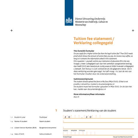 Documentvoorvertoning: Tuition fee statement / Verklaring collegegeld — DUO — Formulieren studiefinanciering hbo en universiteit, Nederland