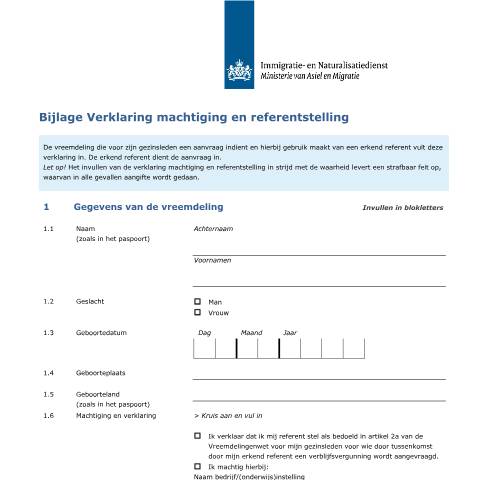 Documentvoorvertoning: Bijlage Verklaring machtiging en referentstelling — IND — immigratie, Nederland (CERFA n°7121)
