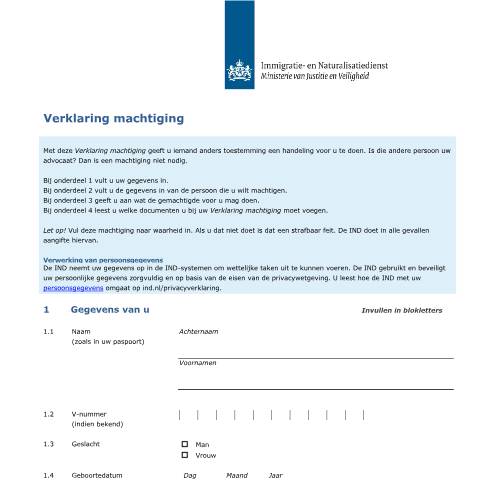 Documentvoorvertoning: Verklaring machtiging — IND — immigratie, Nederland (CERFA n°7145)