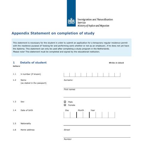 Documentvoorvertoning: Appendix Statement on completion of study — IND — immigratie, Nederland (CERFA n°7607)
