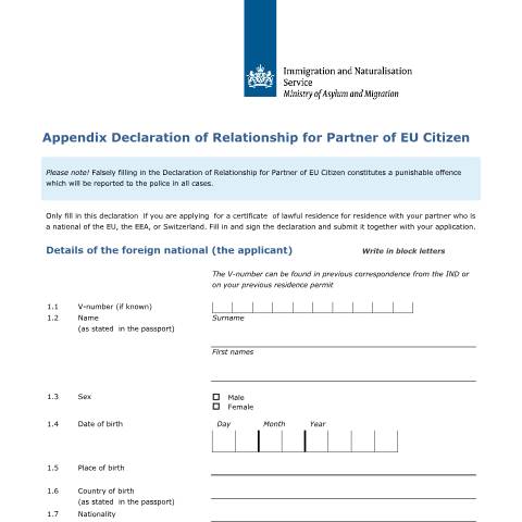 Documentvoorvertoning: Appendix Declaration of Relationship for Partner of EU Citizen — IND — immigratie, Nederland (CERFA n°7660)