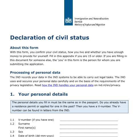 Documentvoorvertoning: Appendix Declaration of civil status — IND — immigratie, Nederland (CERFA n°7609)