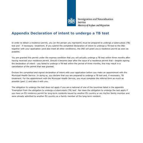 Documentvoorvertoning: Appendix Declaration of intent to undergo a TB test — IND — immigratie, Nederland (CERFA n°7603)