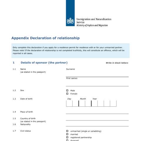 Documentvoorvertoning: Appendix Declaration of relationship — IND — immigratie, Nederland (CERFA n°7608)