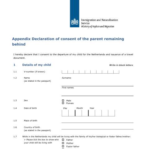 Documentvoorvertoning: Appendix Declaration of the parent remaining behind — IND — immigratie, Nederland (CERFA n°7148)