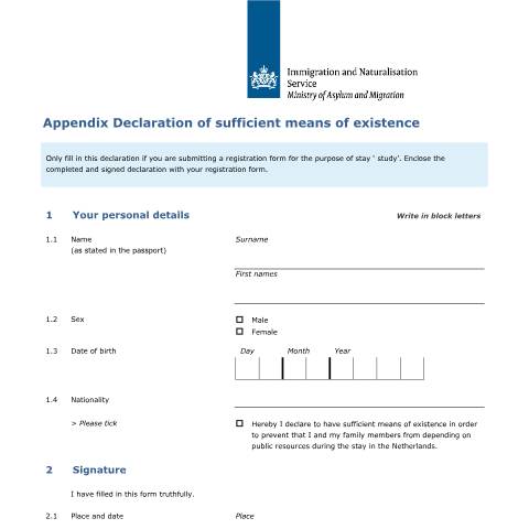 Documentvoorvertoning: Appendix Declaration of sufficient means of existence — IND — immigratie, Nederland (CERFA n°7665)