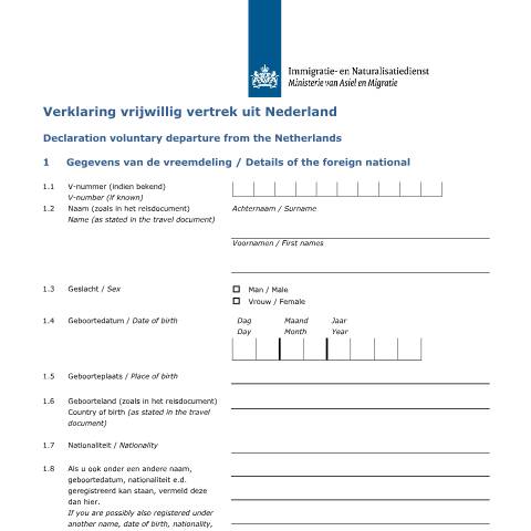 Documentvoorvertoning: Declaration voluntary departure from the Netherlands — IND — immigratie, Nederland (CERFA n°9000 (nl engels))