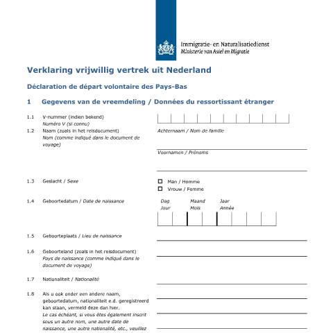 Documentvoorvertoning: Verklaring vrijwillig vertrek uit Nederland (Frans) — IND — immigratie, Nederland (CERFA n°9000 (nl-frans))