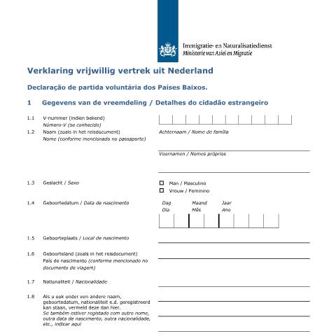 Documentvoorvertoning: Verklaring vrijwillig vertrek uit Nederland (Portugees) — IND — immigratie, Nederland (CERFA n°9000 (nl-portugees))