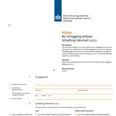 Documentvoorvertoning: Bijlage verlegging peiljaar - Schatting inkomen 2022 — DUO — Formulieren tegemoetkoming scholieren, Nederland