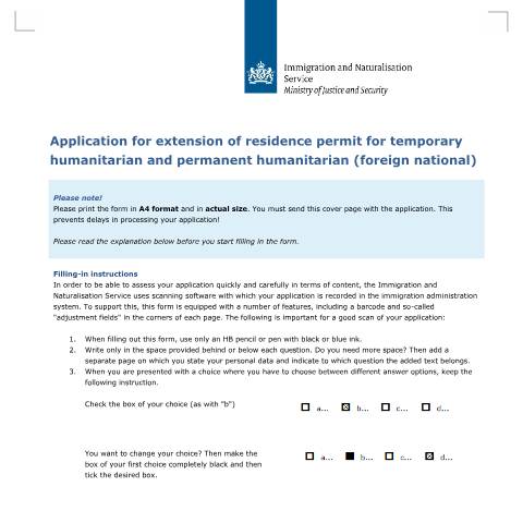 Documentvoorvertoning: Application for extension of residence permit for temporary humanitarian and permanent humanitarian (foreign national) — IND — immigratie, Nederland (CERFA n°7537)