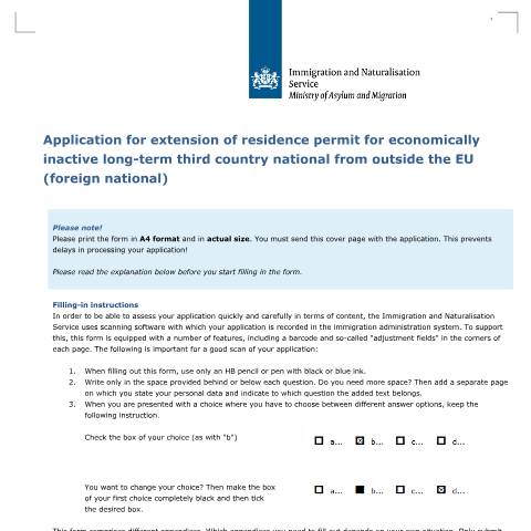 Documentvoorvertoning: Application for extension for residence permit for economically inactive long-term third country national form outside the EU (foreign national) — IND — immigratie, Nederland (CERFA n°7538)