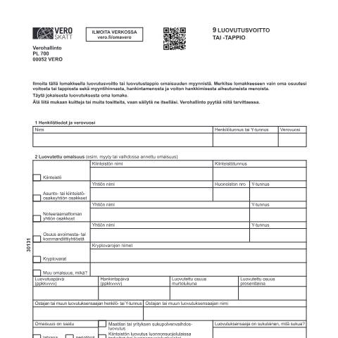 Document preview: 9 Luovutusvoitto tai -tappio (3013) — 9 Luovutusvoitto tai -tappio (3013), Suomi (CERFA n°Vero 3013)