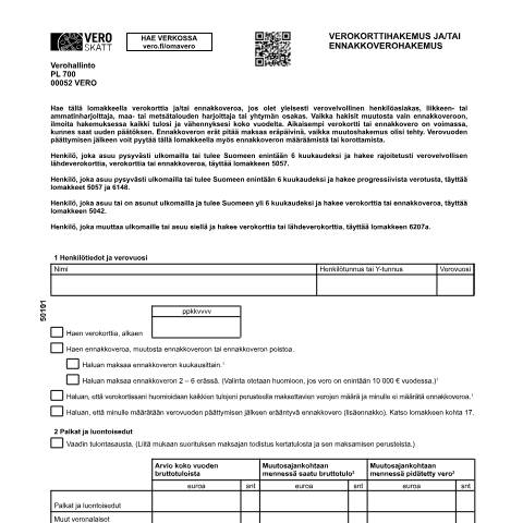 Document preview: Verokorttihakemus ja ennakkoverohakemus (5010) — Verokorttihakemus ja ennakkoverohakemus (5010), Suomi (CERFA n°Vero 5010)