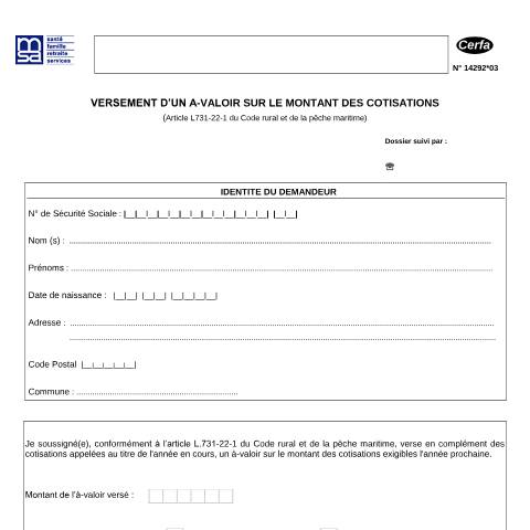 Aperçu du document Versement d'un a-valoir sur le montant des cotisations sociales — Professionnels, France (CERFA n°14292*03)
