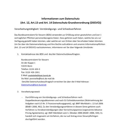 Dokumentvorschau: Verstaendigungs_Schiedsverfahren — BZSt/Informationen_zum_Datenschutz, Deutschland (CERFA n°Verstaendigungs_Schiedsverfahren)