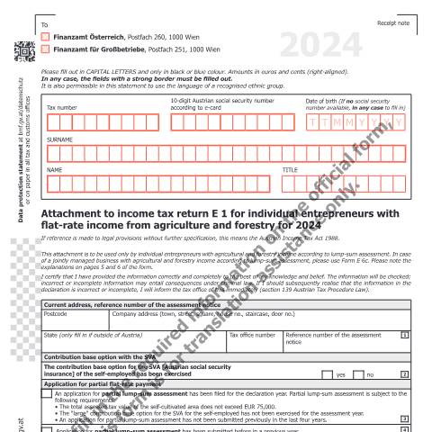 Dokumentvorschau: E1c-UK — Attachment to income tax return E 1 for individual entrepreneurs with flat-rate income from agriculture and forestry for 2024 — Steuern, Österreich (CERFA n°E1c-UK)