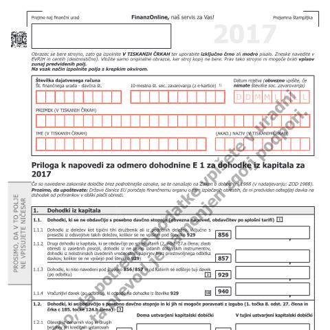 Dokumentvorschau: E1kv-SI — Priloga k napovedi za dohodnino E 1 za dohodke iz kapitala 2017 — Steuern, Österreich (CERFA n°E1kv-SI)