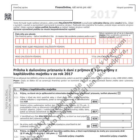 Dokumentvorschau: E1kv-SK — Príloha k daňovému priznaniu E 1 k dani z príjmov pre príjmy z kapitálového majetku za rok 2017 — Steuern, Österreich (CERFA n°E1kv-SK)