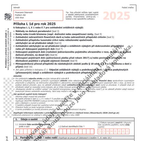 Dokumentvorschau: L1d-CS — Příloha L 1d pro rok 2025 k tiskopisu L 1, E 1 nebo E 7 pro zohlednění zvláštních výdajů: — Steuern, Österreich (CERFA n°L1d-CS)