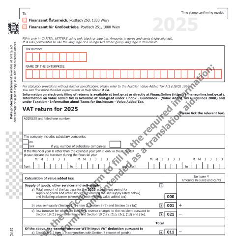 Dokumentvorschau: U1-EN — VAT return for 2025 — Steuern, Österreich (CERFA n°U1-EN)