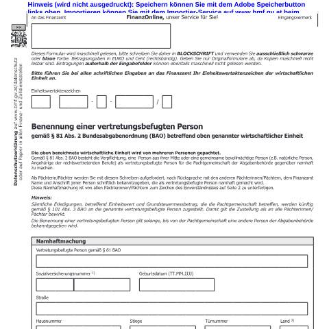 Dokumentvorschau: Bew2 — Vertreterbenennung gemäß § 81 Abs. 2 Bundesabgabenordnung (BAO) betreffend oben genannter wirtschaftlicher Einheit — Steuern, Österreich (CERFA n°Bew2)