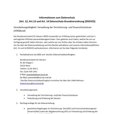 Dokumentvorschau: Verwaltung_Versicherung_%20Feuerschutzsteuer_VERSBund — BZSt/Informationen_zum_Datenschutz, Deutschland (CERFA n°Verwaltung_Versicherung_%20Feuerschutzsteuer_VERSBund)