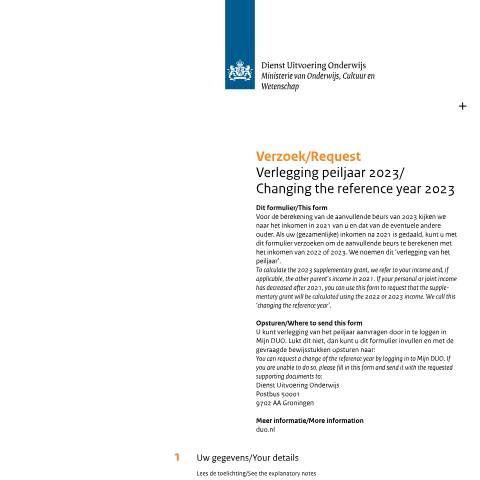 Documentvoorvertoning: Verzoek verlegging peiljaar 2023 / Request to change the reference year 2023 — DUO — Formulieren studiefinanciering mbo, Nederland