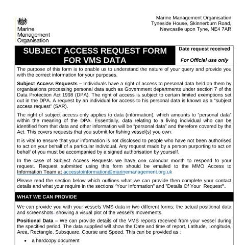 Document preview: Vessel monitoring system: data request — Marine Management Organisation, United Kingdom