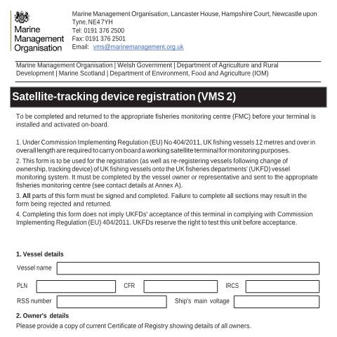 Document preview: Vessel monitoring system: register or re-register your device — Marine Management Organisation, United Kingdom