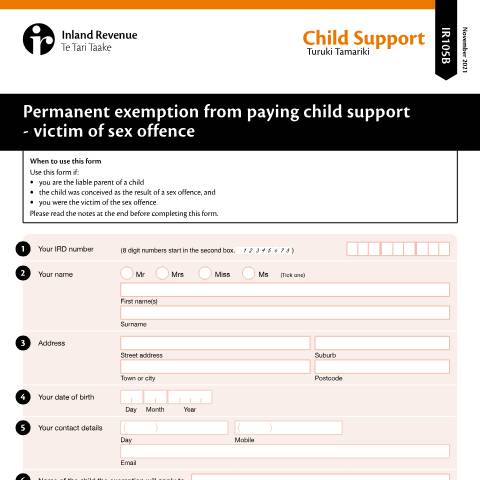Document preview: Victim of sex offence exemption from child support payments — Child support, New Zealand (CERFA n°IR105B)