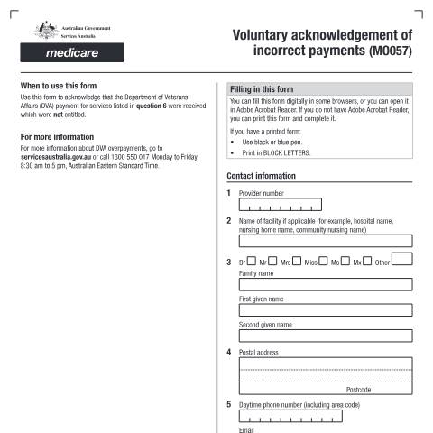 Document preview: Voluntary acknowledgement of incorrect payments form (MO057) — Services Australia — Health professionals, Australia (CERFA n°MO057)